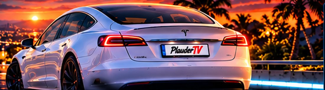 Weißer Tesla vor Stadtlichtern bei Sonnenuntergang